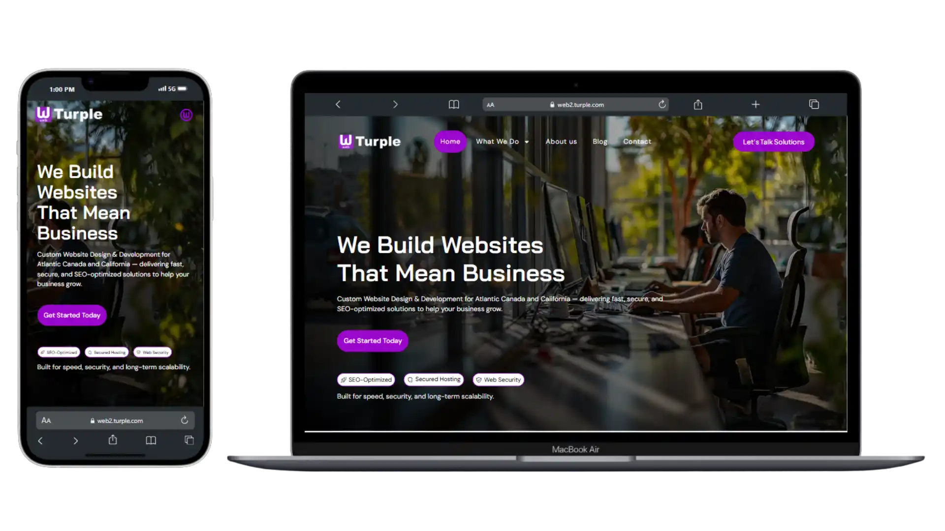 Website design service page by Web Turple showing responsive mockups on desktop and mobile devices.